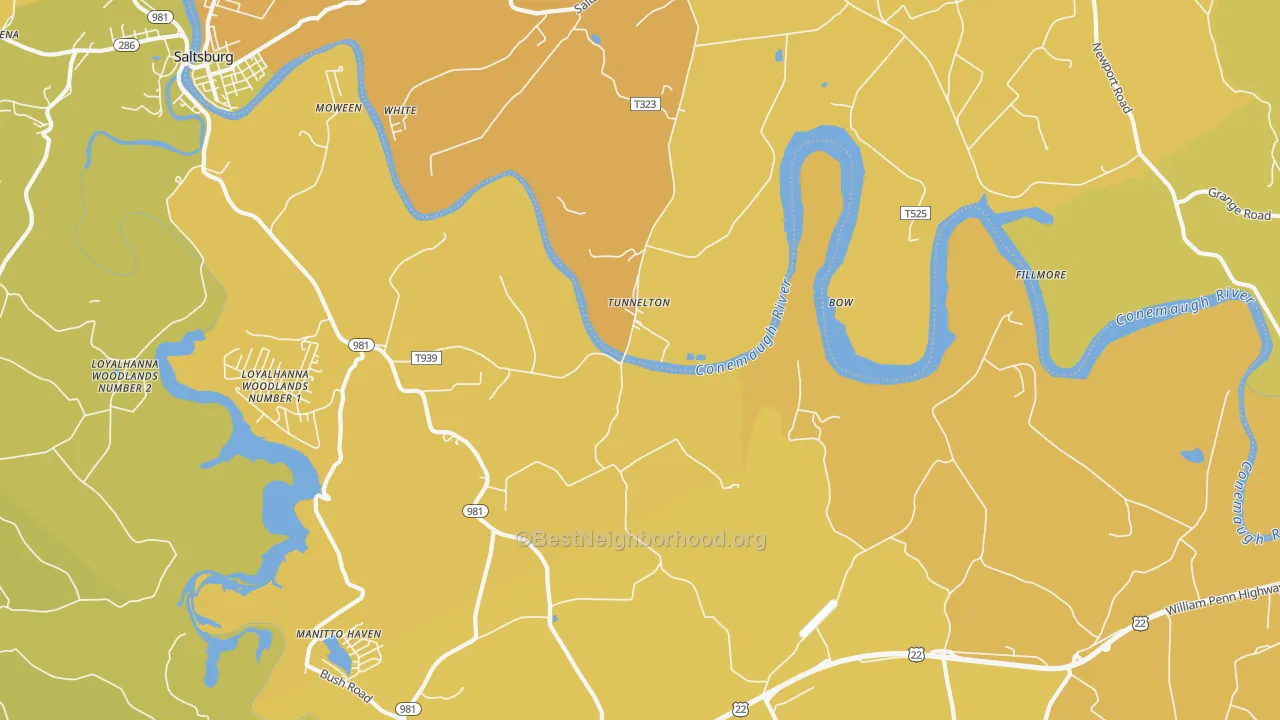 Map of the best neighborhoods in the Tunnelton area, with better matches in green and worse matches in red