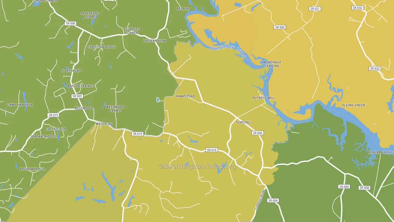 Map of the best neighborhoods in the Tunstall area, with better matches in green and worse matches in red