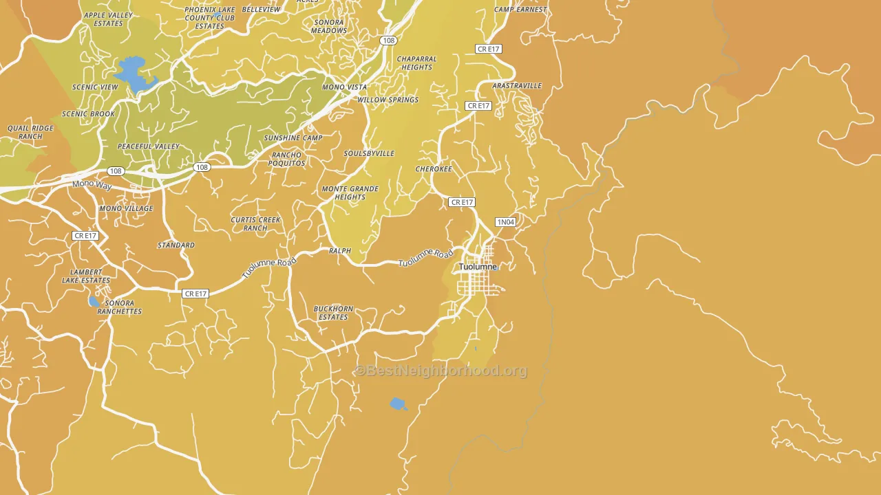 Map of the best neighborhoods in the Tuolumne area, with better matches in green and worse matches in red