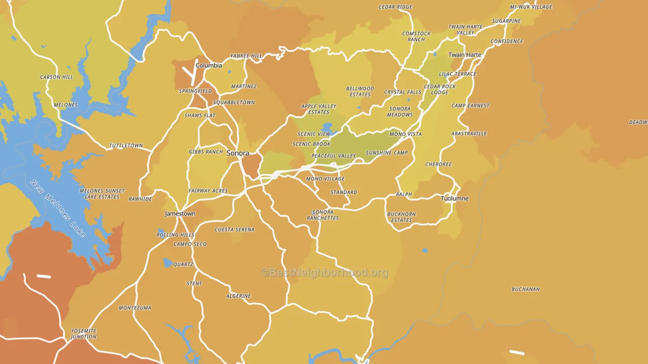 Map of the best neighborhoods in the Tuolumne County area, with better matches in green and worse matches in red