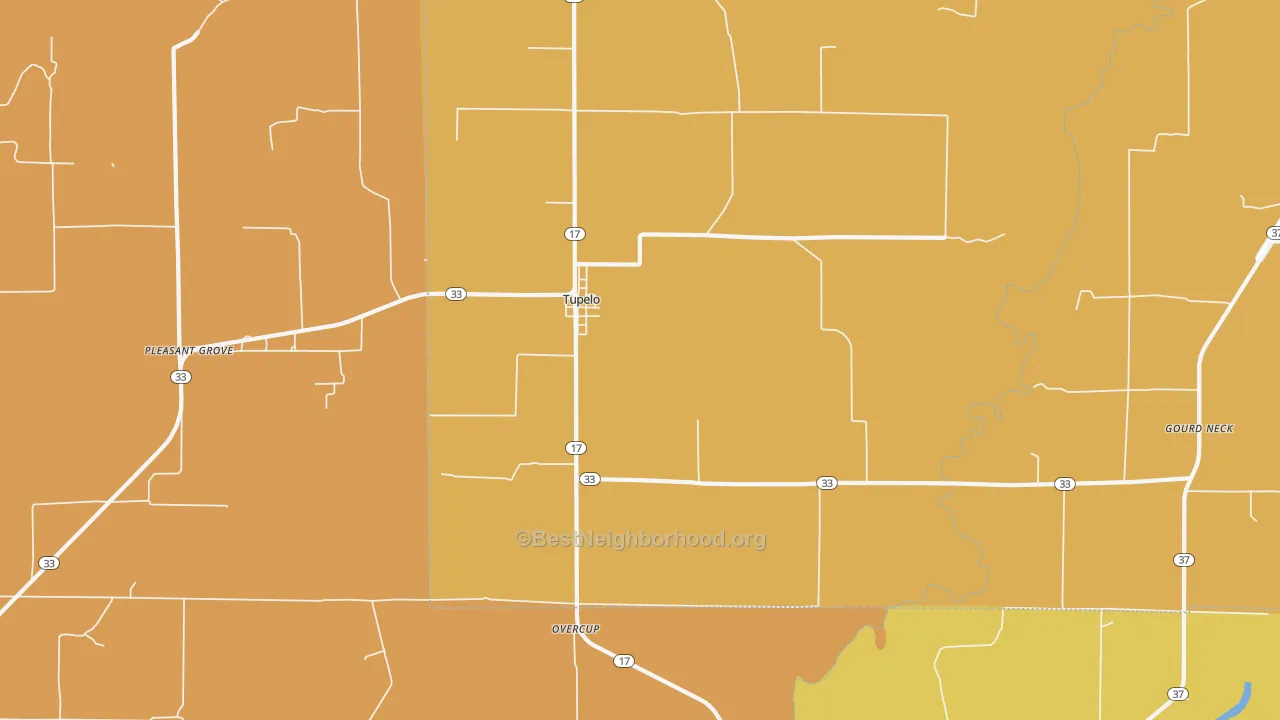 Map of the best neighborhoods in the Tupelo area, with better matches in green and worse matches in red