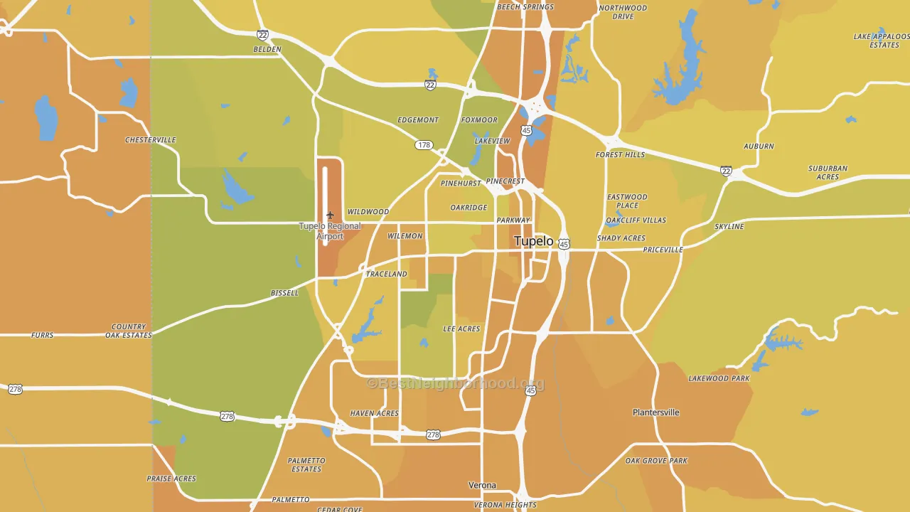 Map of the best neighborhoods in the Tupelo area, with better matches in green and worse matches in red