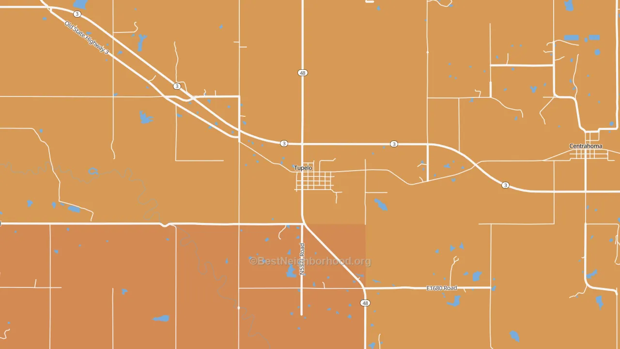 Map of the best neighborhoods in the Tupelo area, with better matches in green and worse matches in red