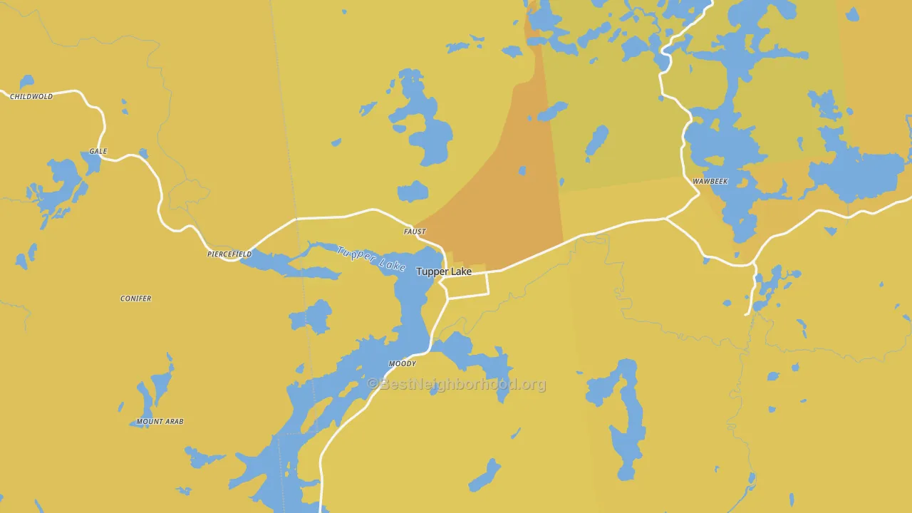 Map of the best neighborhoods in the Tupper Lake area, with better matches in green and worse matches in red