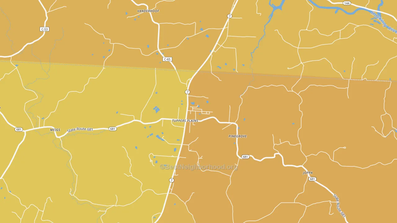 Map of the best neighborhoods in the Tuppers Plains area, with better matches in green and worse matches in red