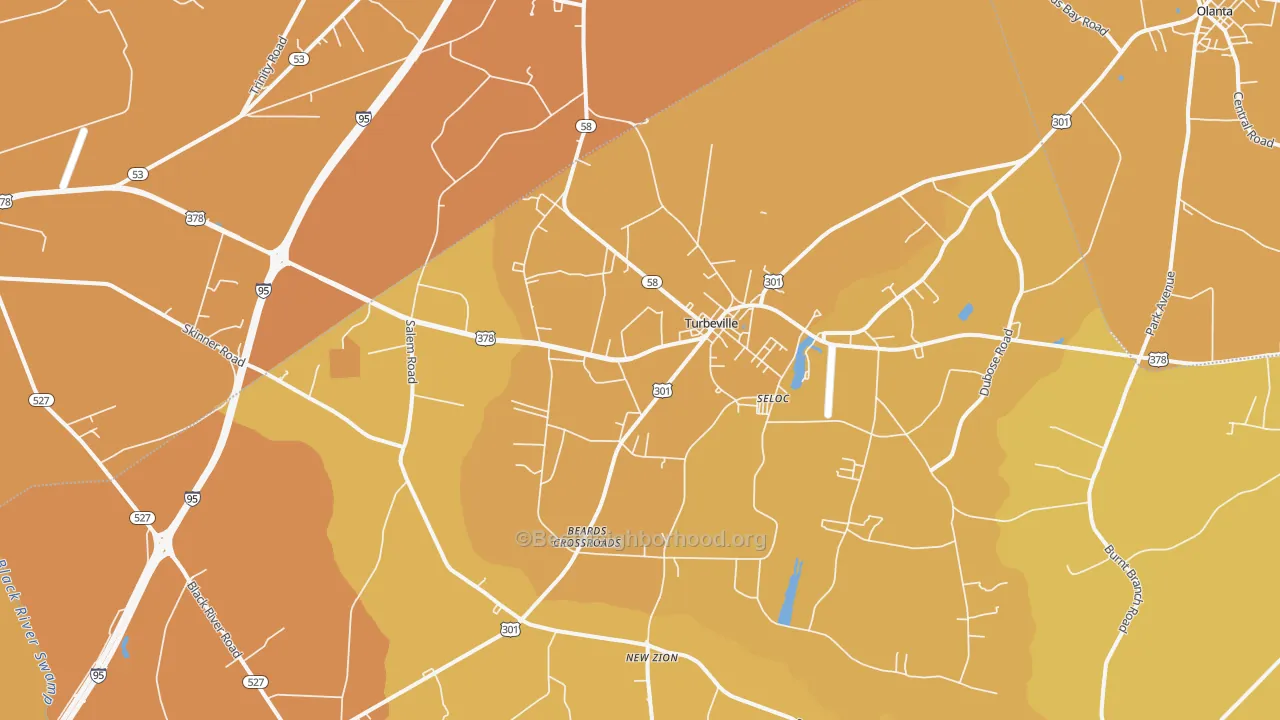 Map of the best neighborhoods in the Turbeville area, with better matches in green and worse matches in red