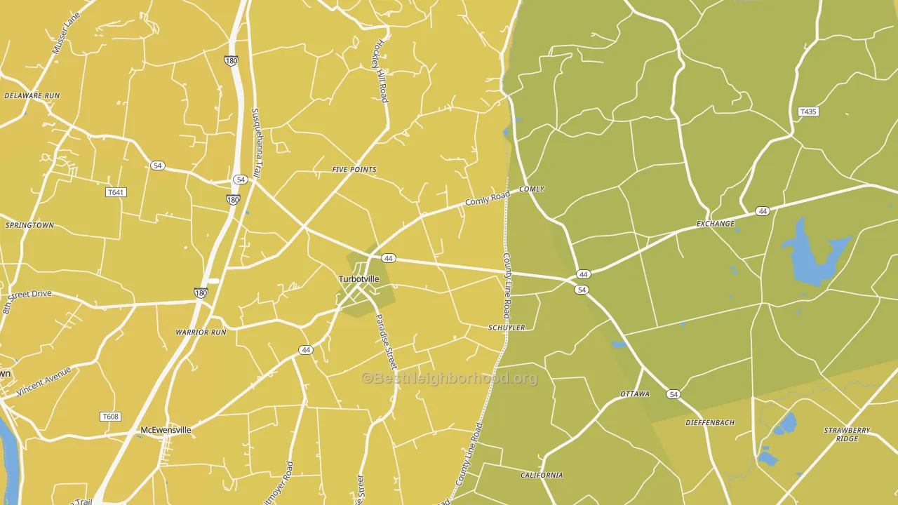 Map of the best neighborhoods in the Turbotville area, with better matches in green and worse matches in red