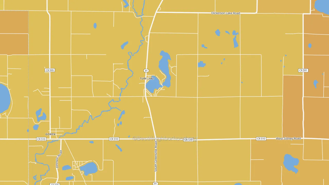 Map of the best neighborhoods in the Turk Lake area, with better matches in green and worse matches in red