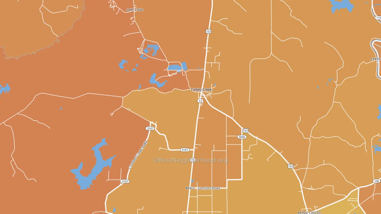 Map of the best neighborhoods in the Turkey Creek area, with better matches in green and worse matches in red