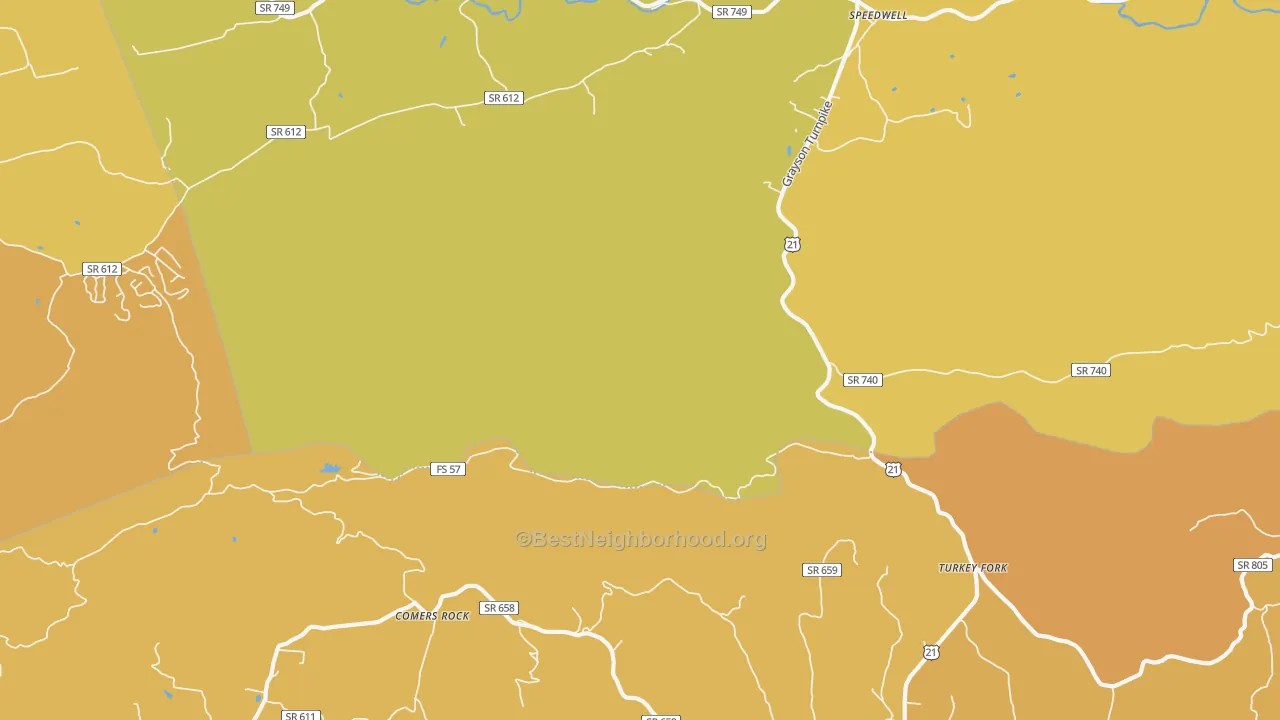 Map of the best neighborhoods in the Turkey Fork area, with better matches in green and worse matches in red