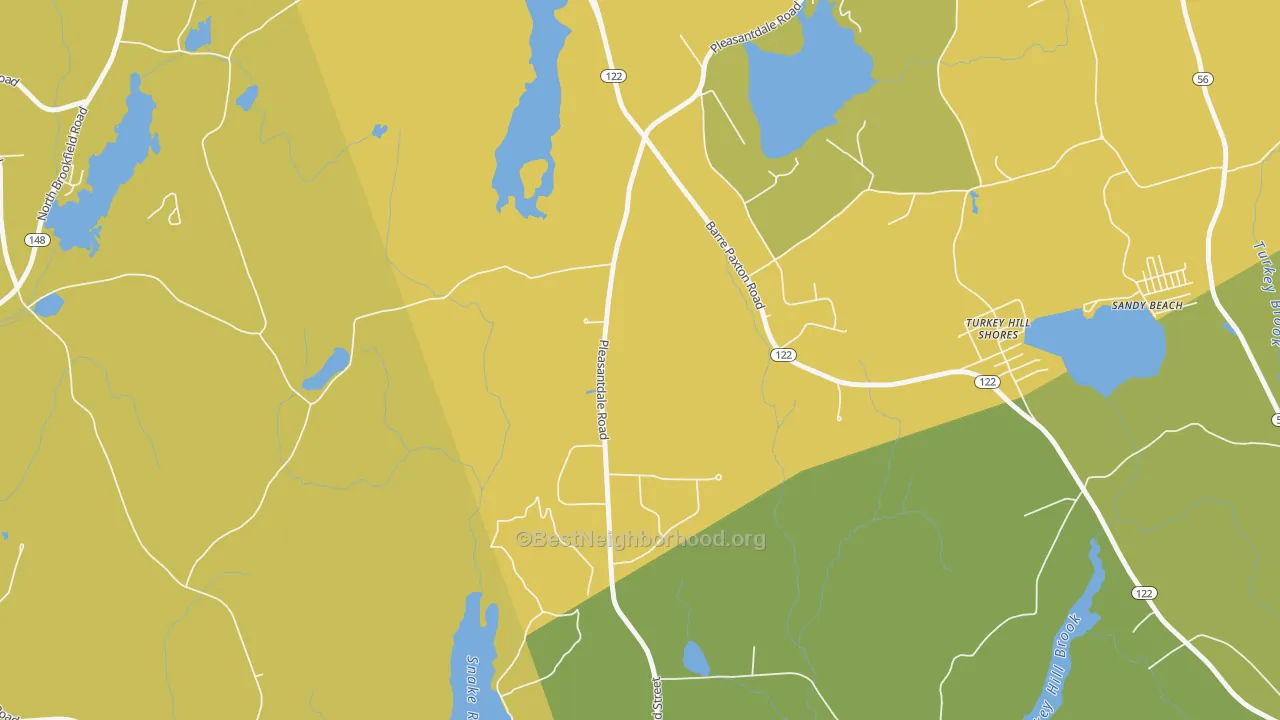Map of the best neighborhoods in the Turkey Hill Shores area, with better matches in green and worse matches in red