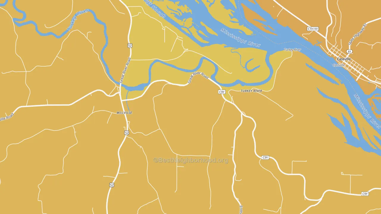 Map of the best neighborhoods in the Turkey River area, with better matches in green and worse matches in red