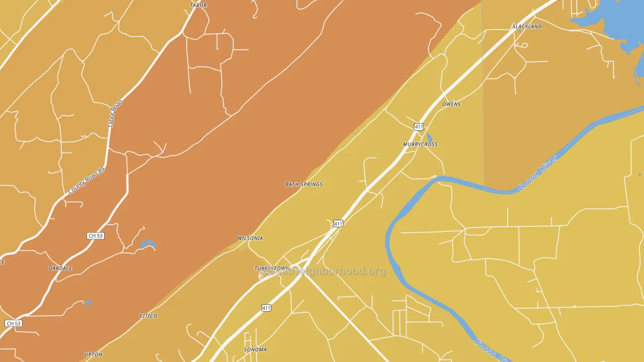 Map of the best neighborhoods in the Turkeytown area, with better matches in green and worse matches in red