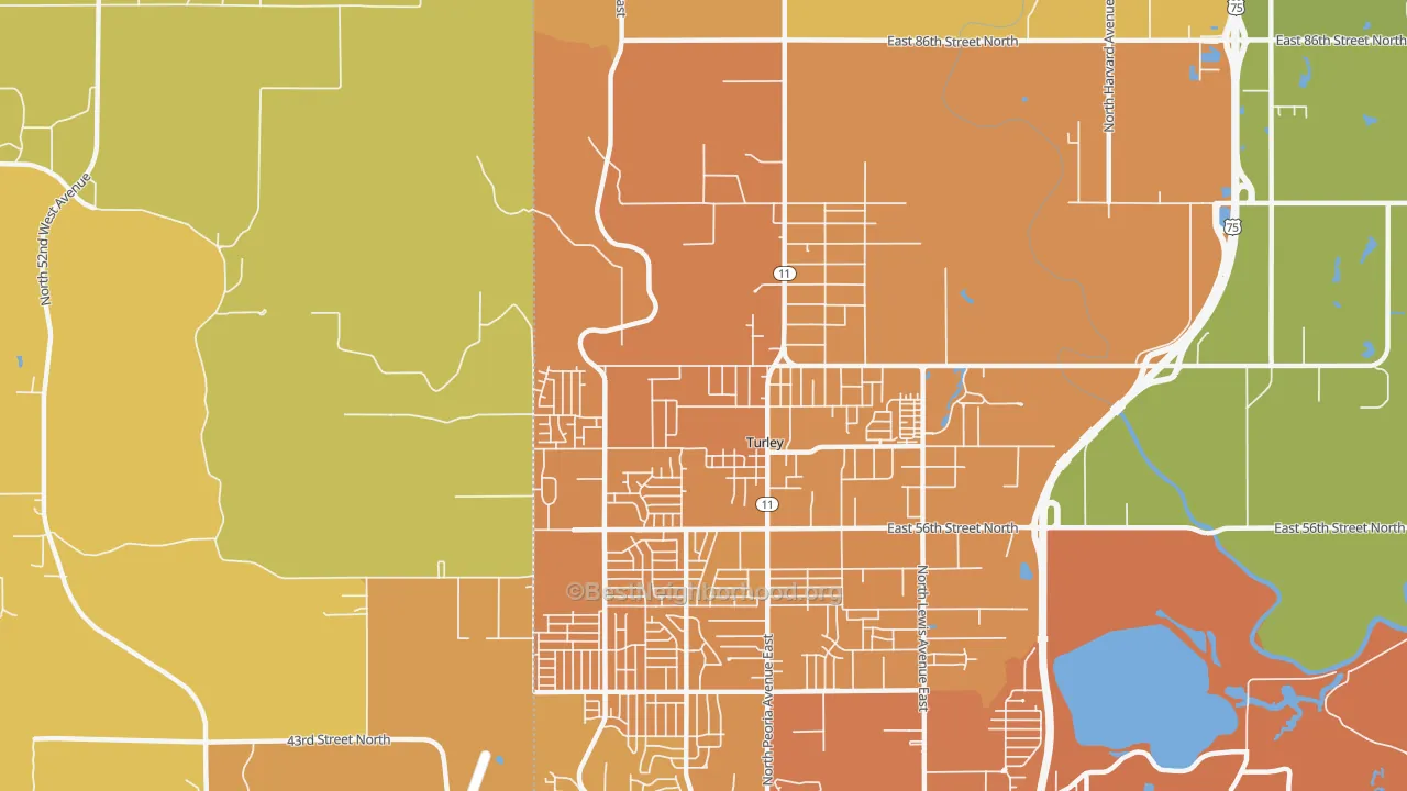 Map of the best neighborhoods in the Turley area, with better matches in green and worse matches in red