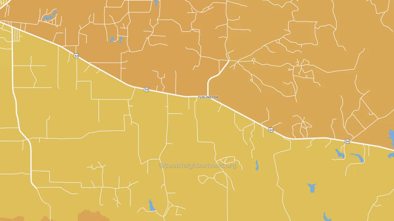 Map of the best neighborhoods in the Turlington area, with better matches in green and worse matches in red