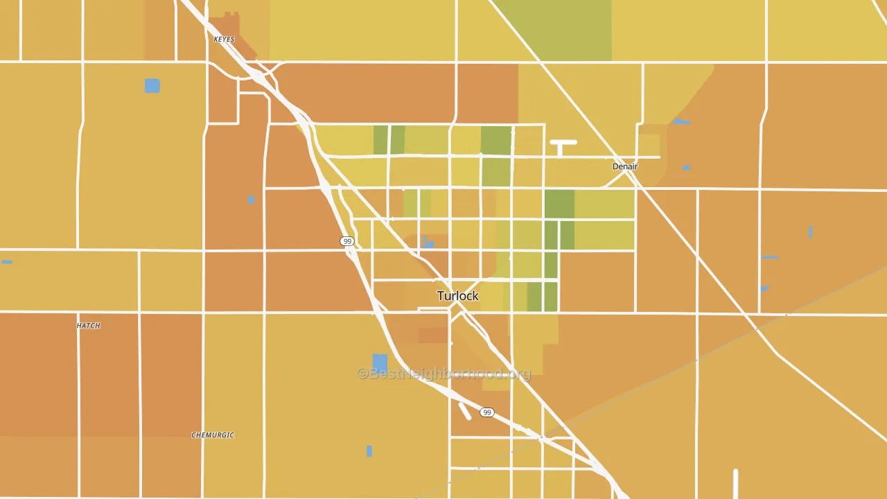 Map of the best neighborhoods in the Turlock area, with better matches in green and worse matches in red