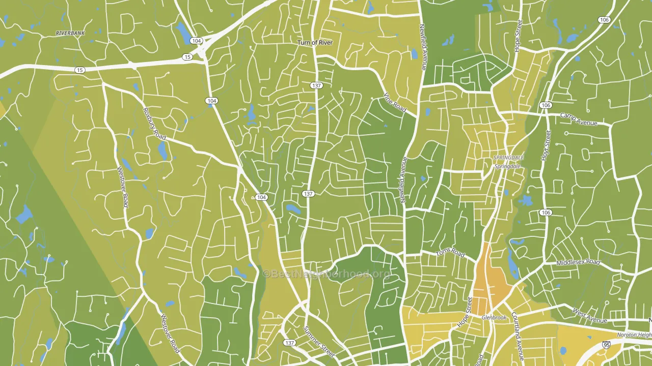 Map of the best neighborhoods in the Turn of River, Stamford area, with better matches in green and worse matches in red