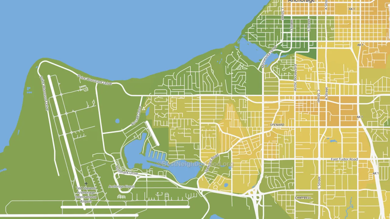 Map of the best neighborhoods in the Turnagain, Anchorage area, with better matches in green and worse matches in red