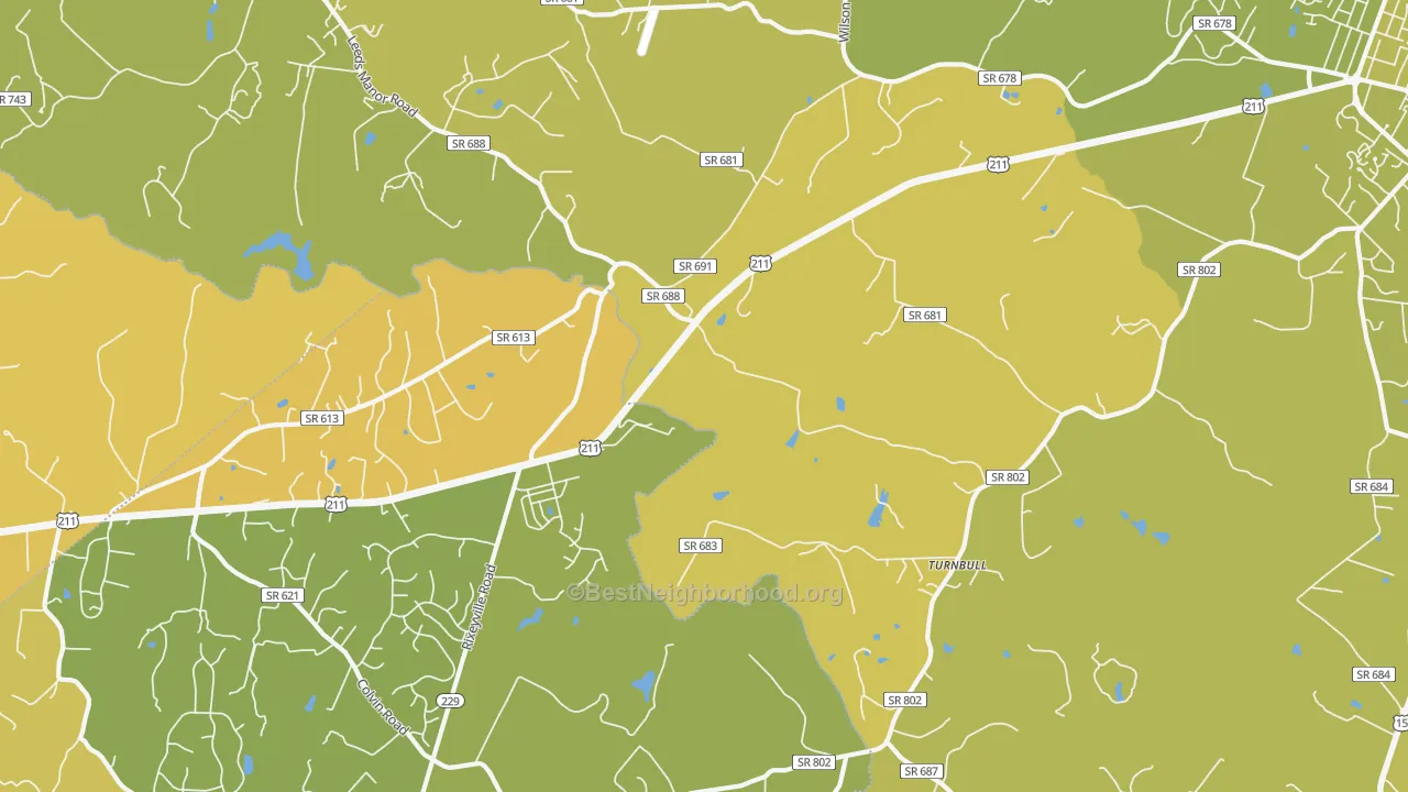 Map of the best neighborhoods in the Turnbull area, with better matches in green and worse matches in red