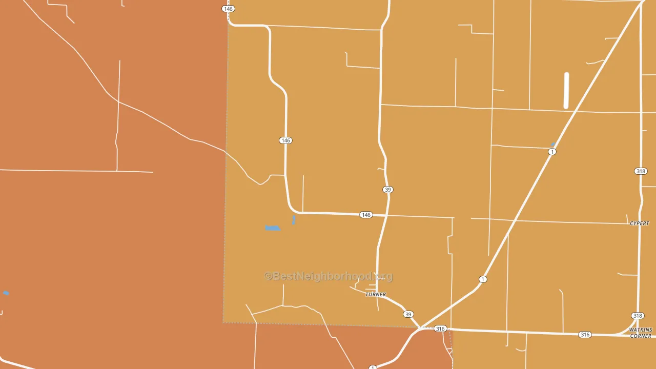 Map of the best neighborhoods in the Turner area, with better matches in green and worse matches in red