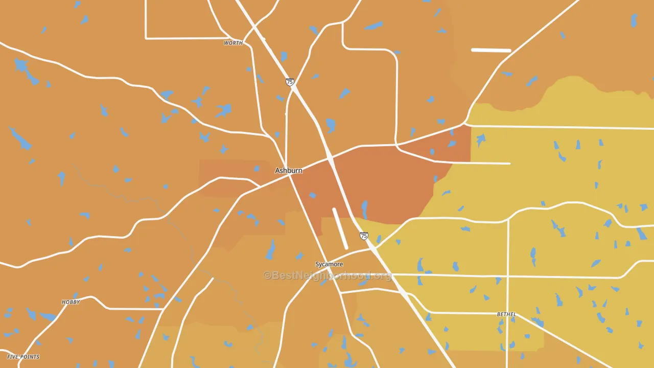Map of the best neighborhoods in the Turner County area, with better matches in green and worse matches in red