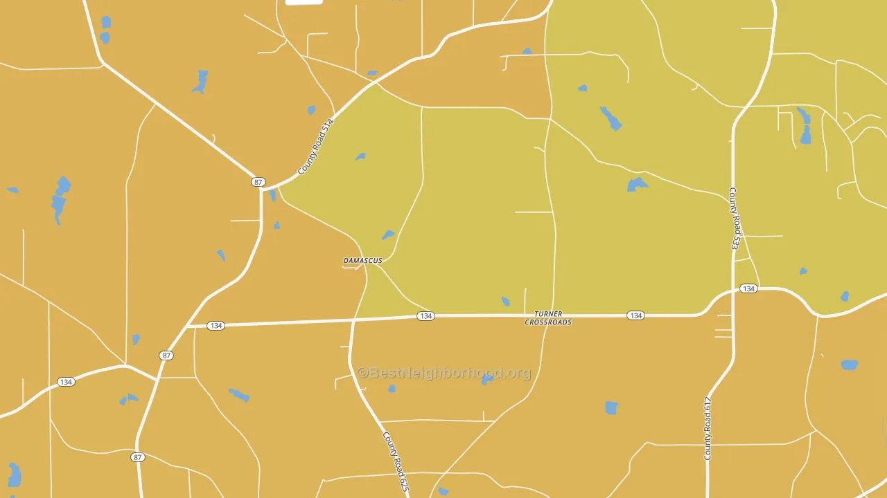 Map of the best neighborhoods in the Turner Crossroads area, with better matches in green and worse matches in red