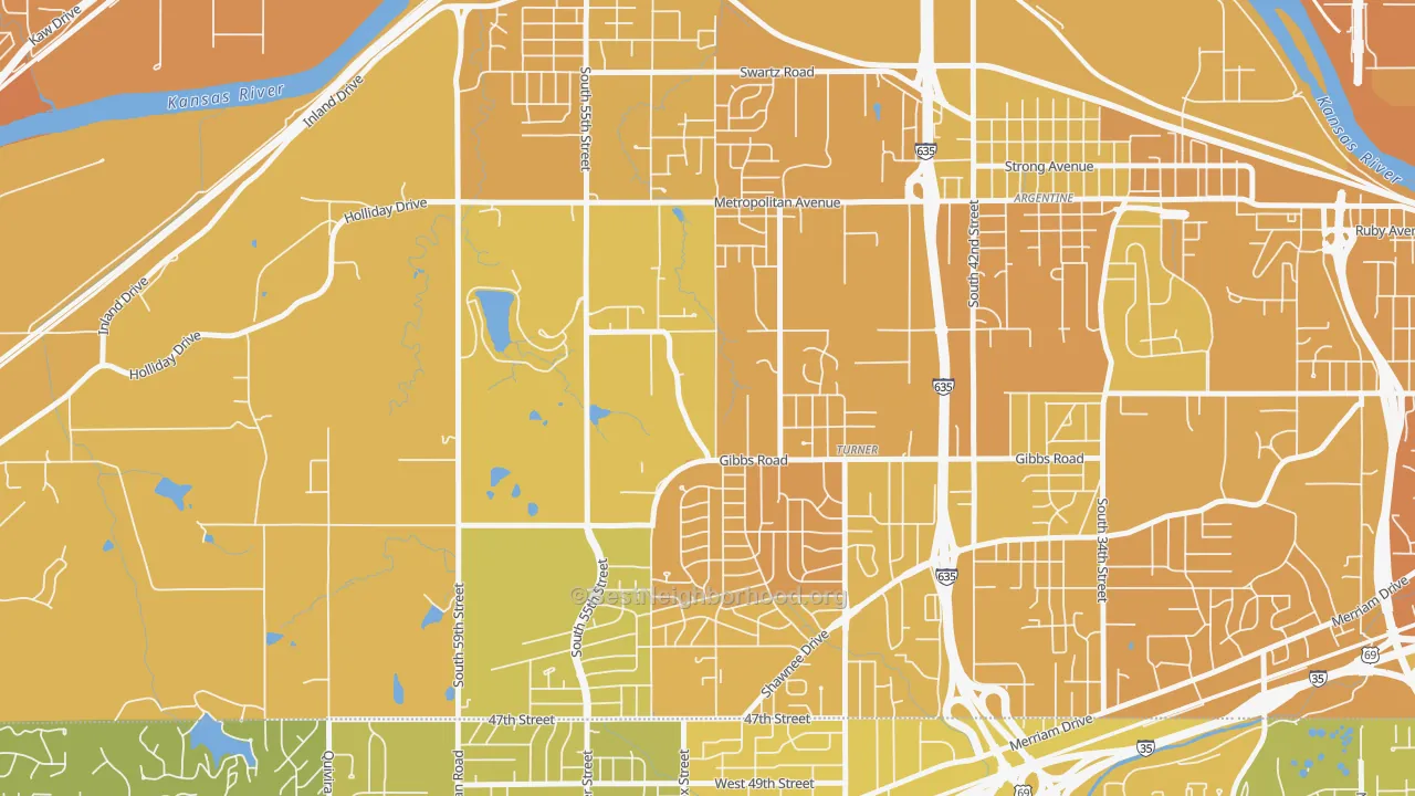 Map of the best neighborhoods in the Turner, Kansas City area, with better matches in green and worse matches in red