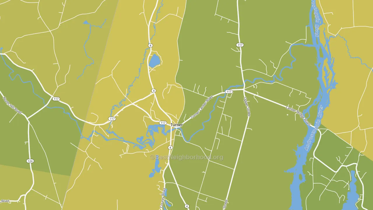 Map of the best neighborhoods in the Turner area, with better matches in green and worse matches in red