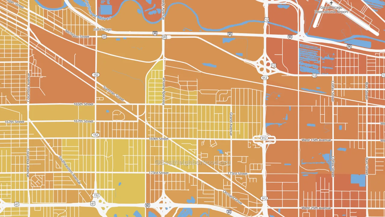 Map of the best neighborhoods in the Turner-Meyn Park, Hammond area, with better matches in green and worse matches in red