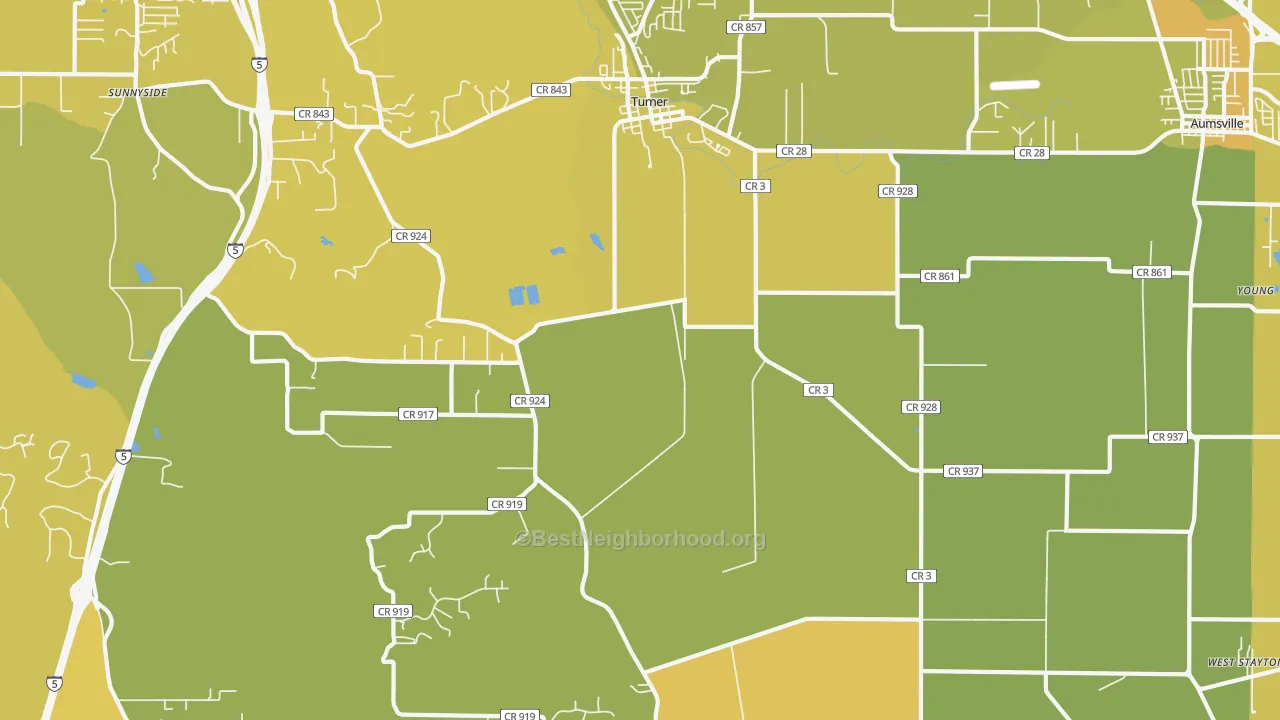 Map of the best neighborhoods in the Turner area, with better matches in green and worse matches in red