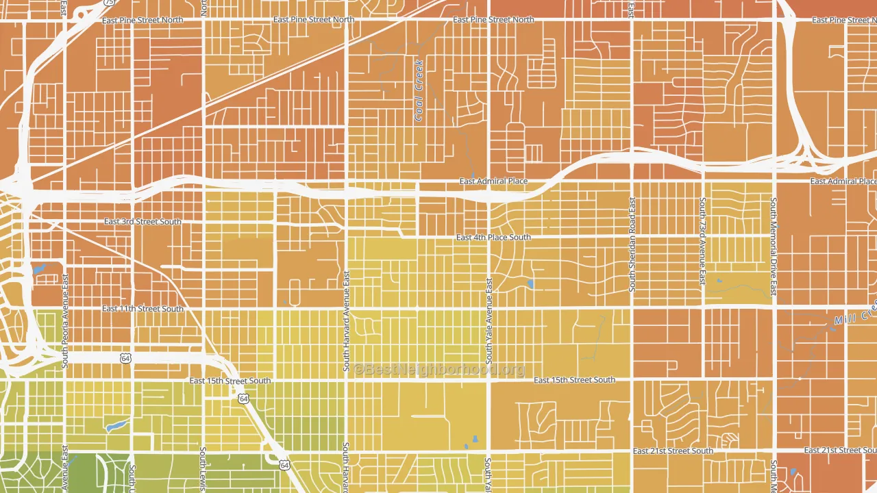 Map of the best neighborhoods in the Turner Park, Tulsa area, with better matches in green and worse matches in red