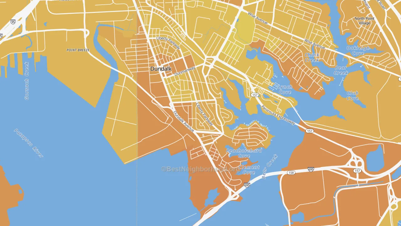 Map of the best neighborhoods in the Turners, Dundalk area, with better matches in green and worse matches in red