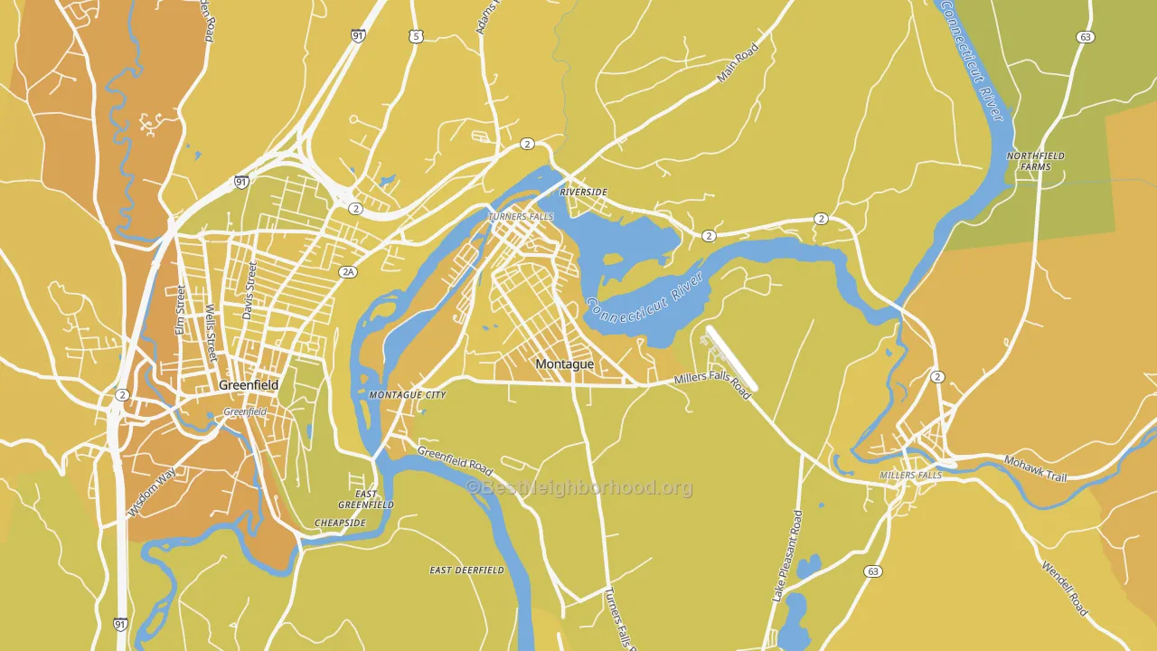 Map of the best neighborhoods in the Turners Falls area, with better matches in green and worse matches in red