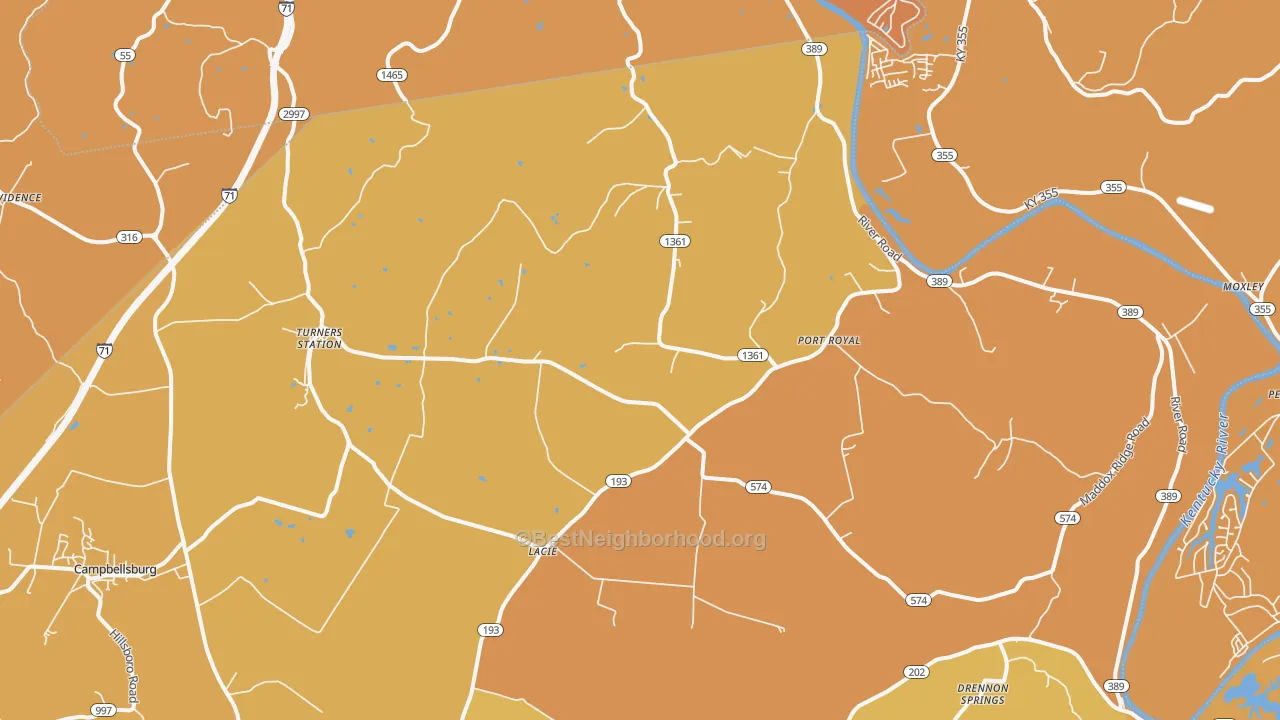 Map of the best neighborhoods in the Turners Station area, with better matches in green and worse matches in red