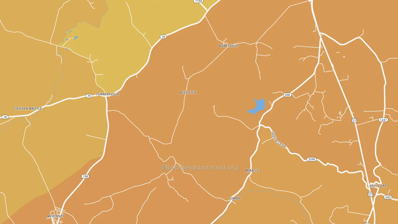 Map of the best neighborhoods in the Turnersville area, with better matches in green and worse matches in red