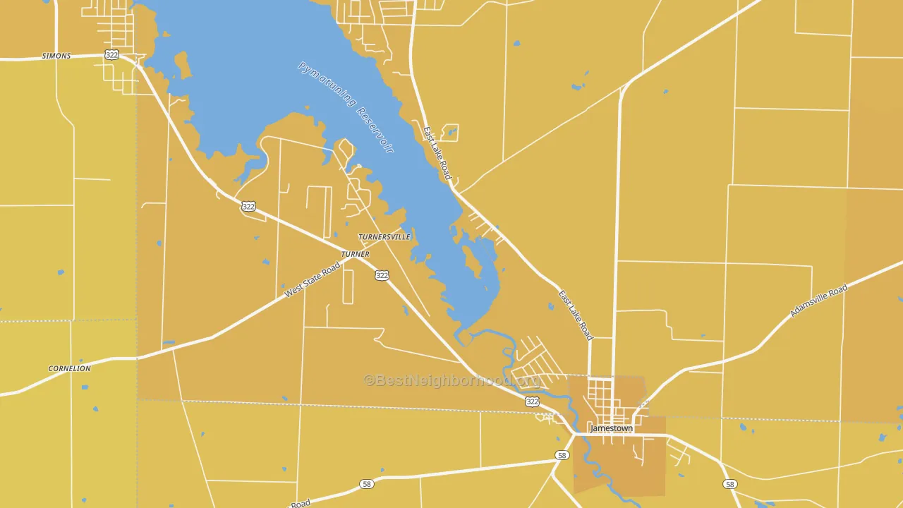 Map of the best neighborhoods in the Turnersville area, with better matches in green and worse matches in red