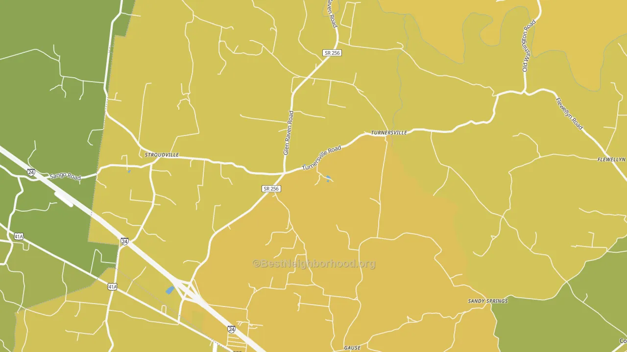 Map of the best neighborhoods in the Turnersville area, with better matches in green and worse matches in red