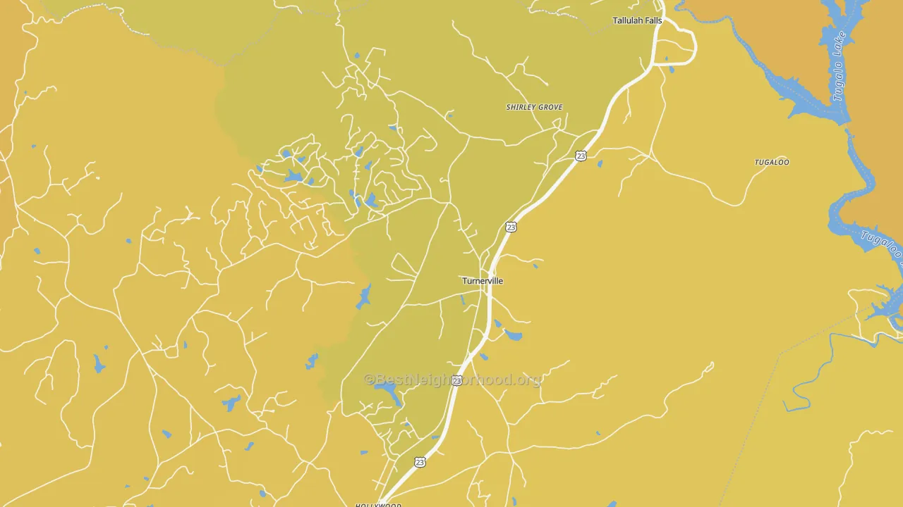 Map of the best neighborhoods in the Turnerville area, with better matches in green and worse matches in red