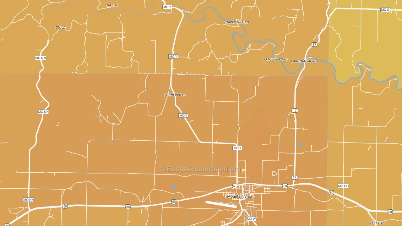 Map of the best neighborhoods in the Turnerville area, with better matches in green and worse matches in red