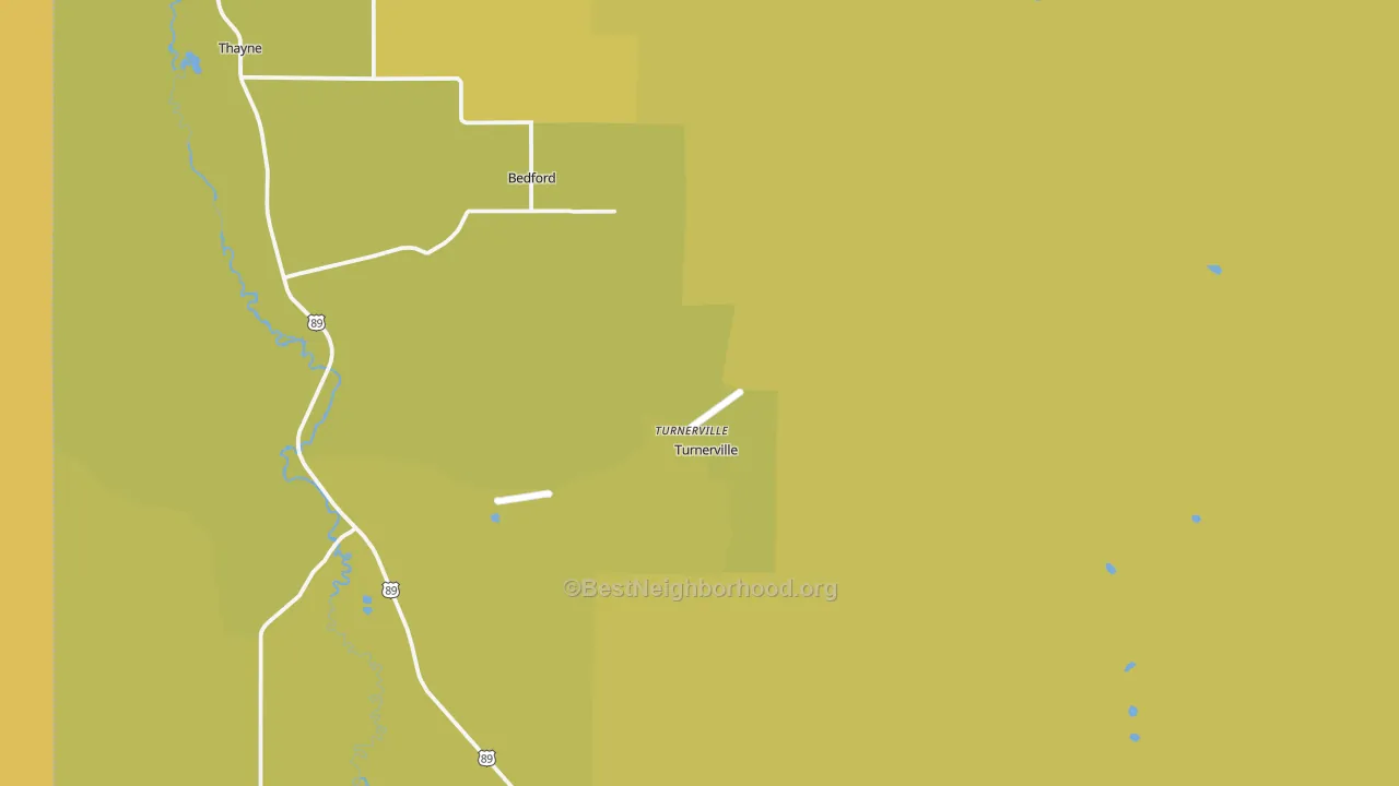 Map of the best neighborhoods in the Turnerville area, with better matches in green and worse matches in red