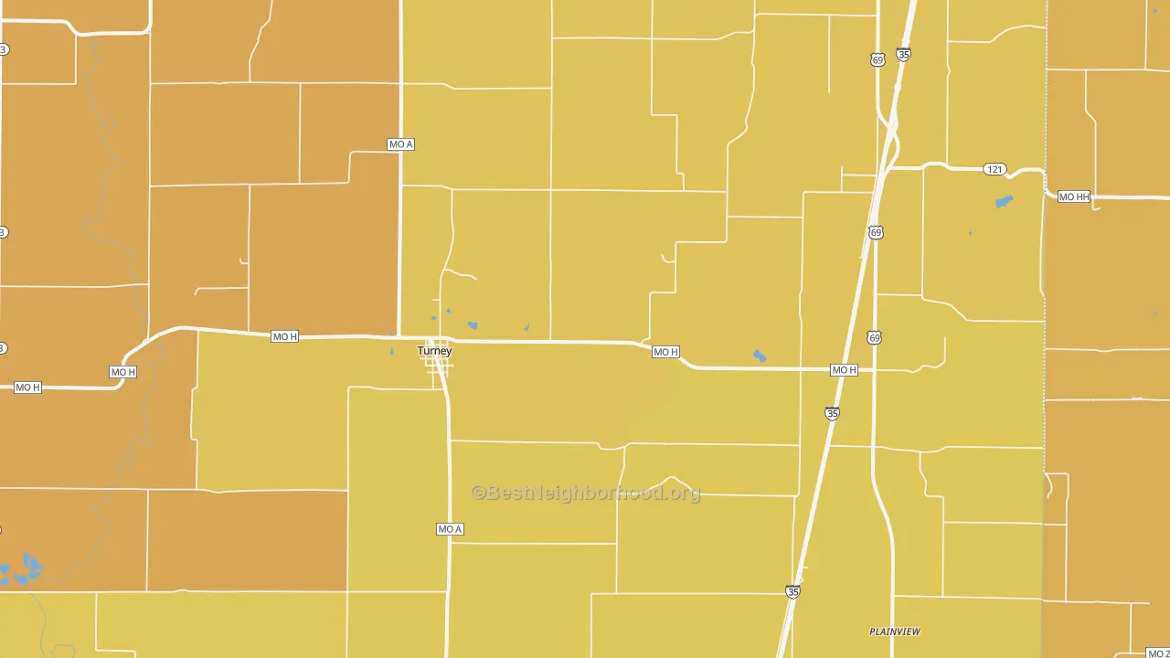 Map of the best neighborhoods in the Turney area, with better matches in green and worse matches in red