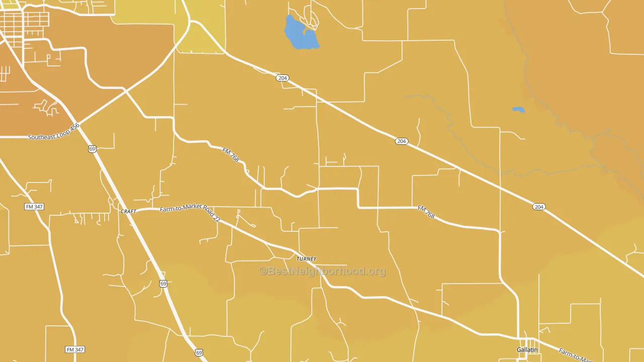 Map of the best neighborhoods in the Turney area, with better matches in green and worse matches in red