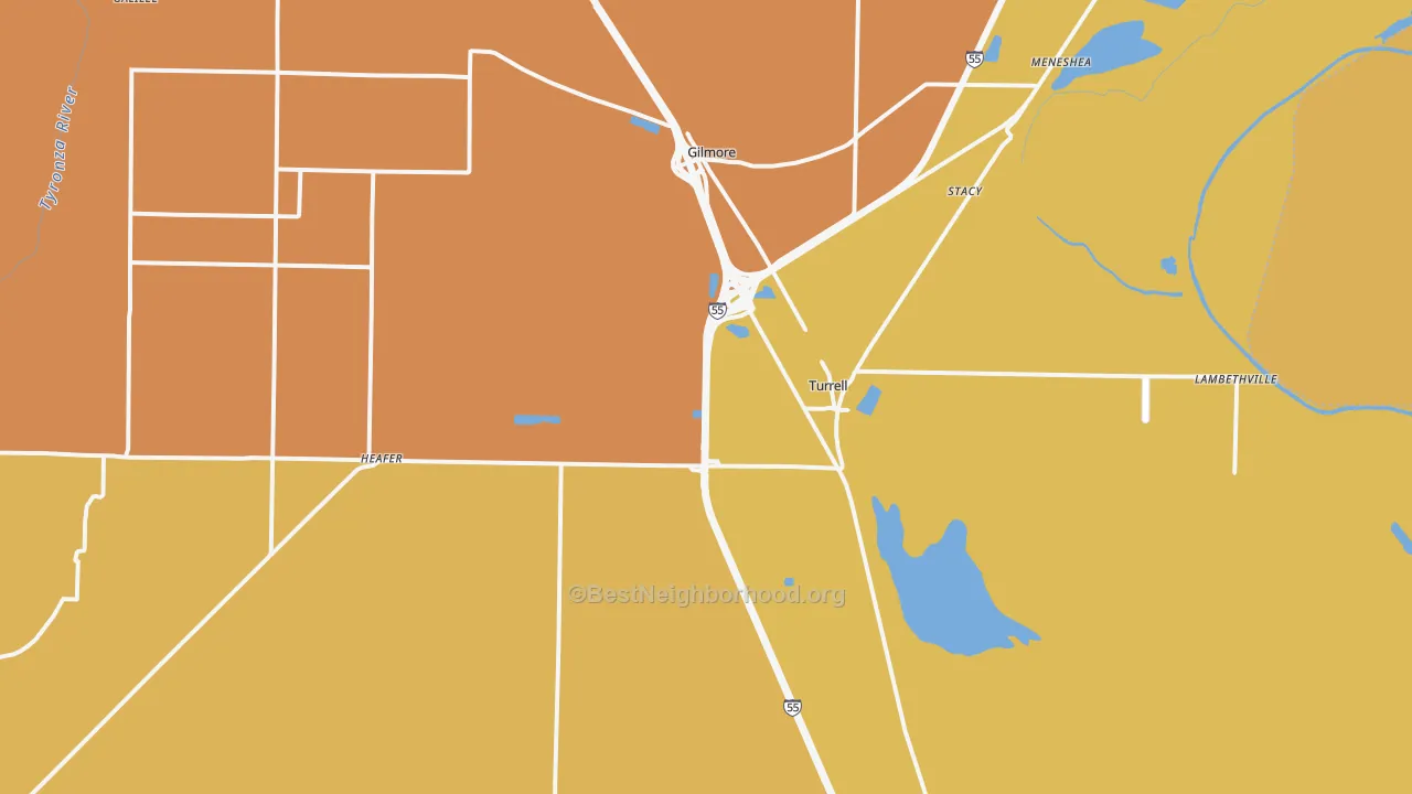 Map of the best neighborhoods in the Turrell area, with better matches in green and worse matches in red