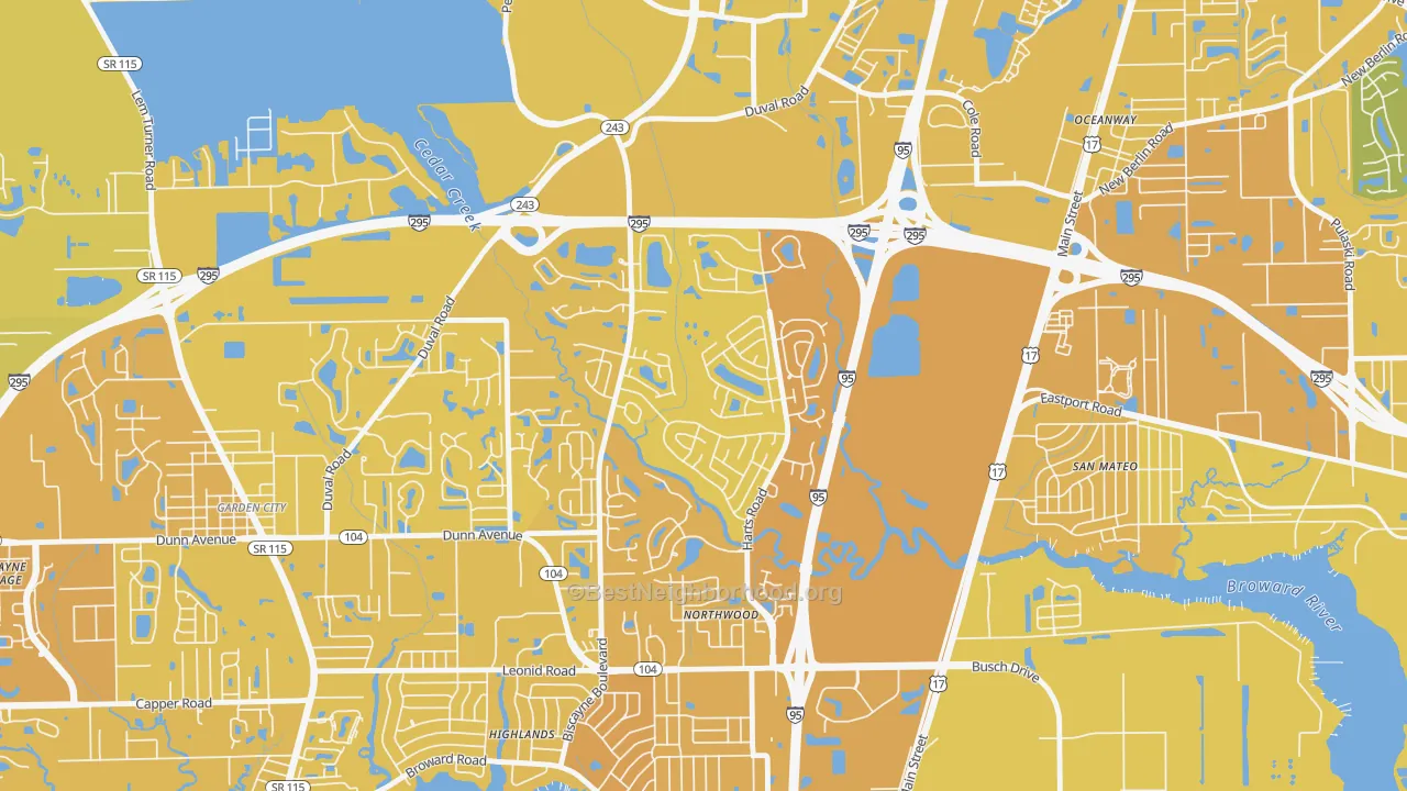 Map of the best neighborhoods in the Turtle Creek, Jacksonville area, with better matches in green and worse matches in red