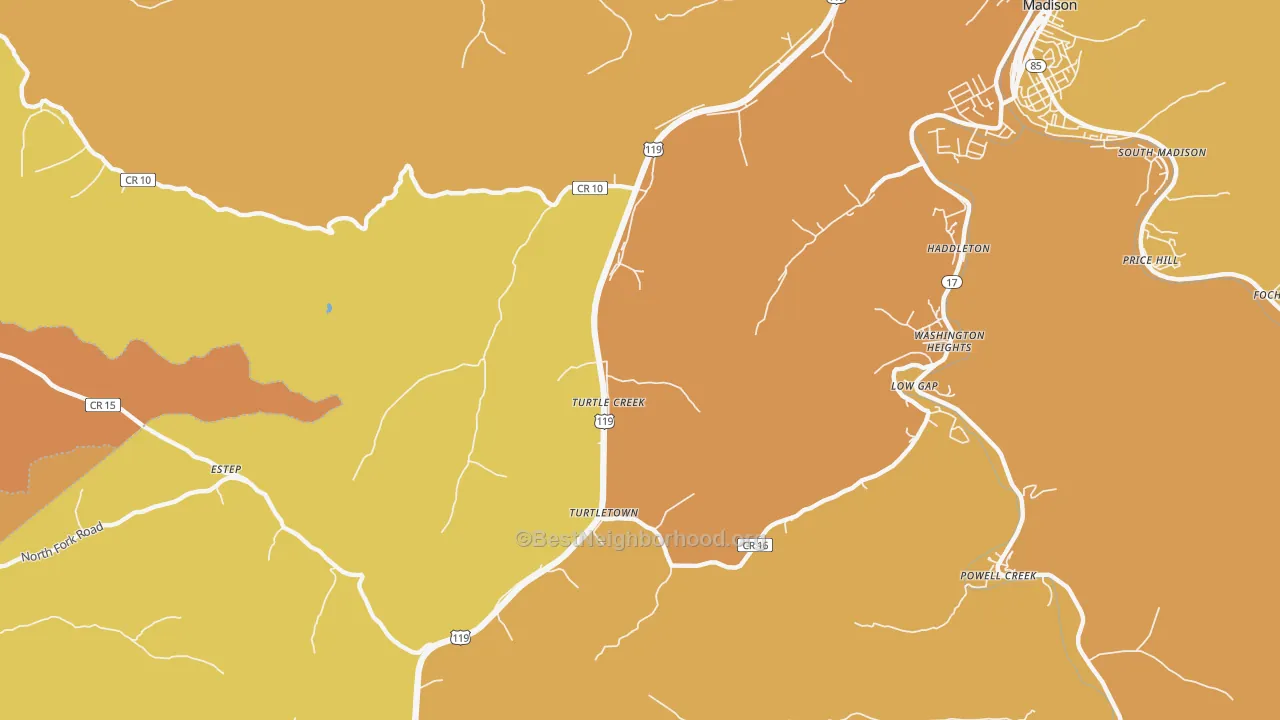 Map of the best neighborhoods in the Turtle Creek area, with better matches in green and worse matches in red