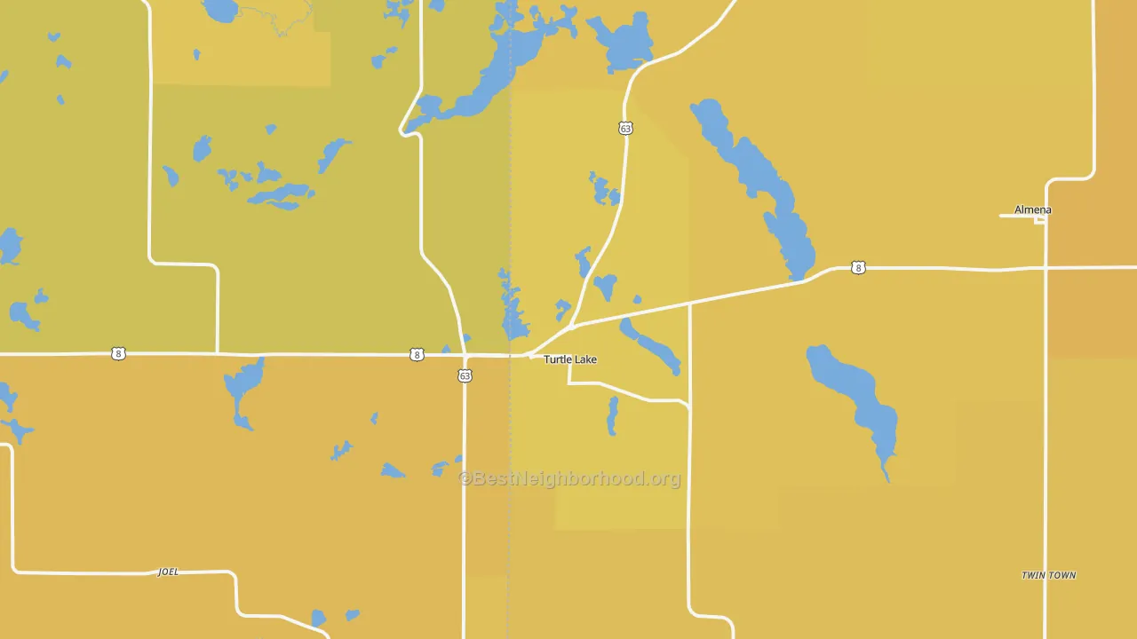 Map of the best neighborhoods in the Turtle Lake area, with better matches in green and worse matches in red