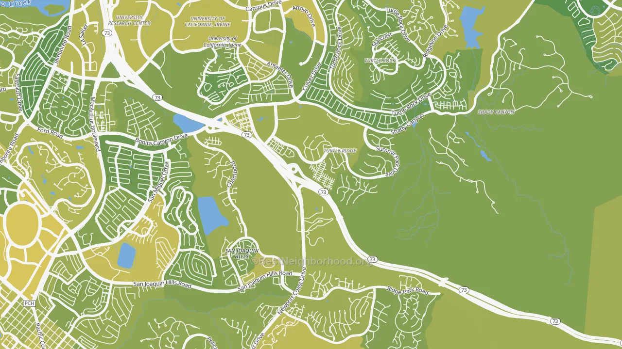 Map of the best neighborhoods in the Turtle Ridge, Irvine area, with better matches in green and worse matches in red