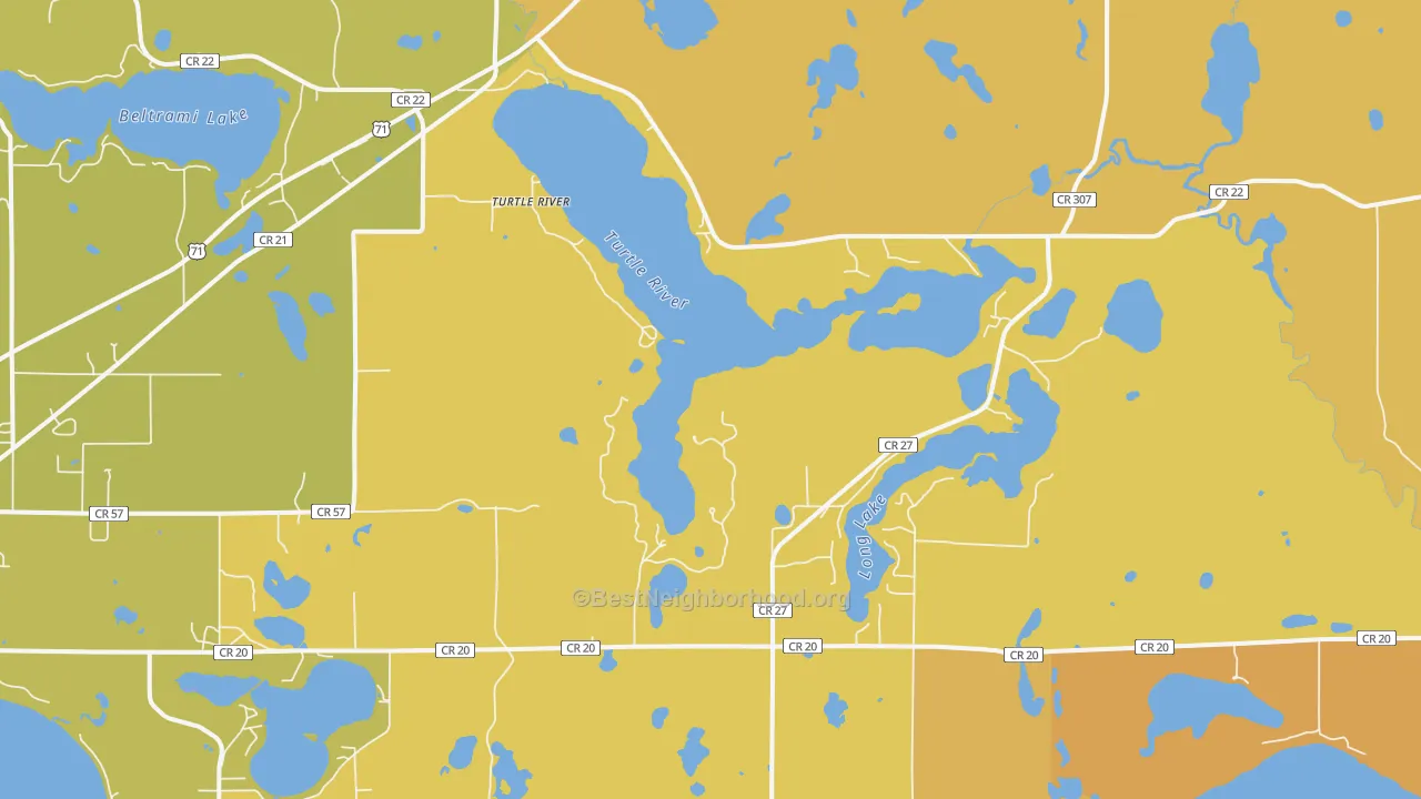 Map of the best neighborhoods in the Turtle River area, with better matches in green and worse matches in red
