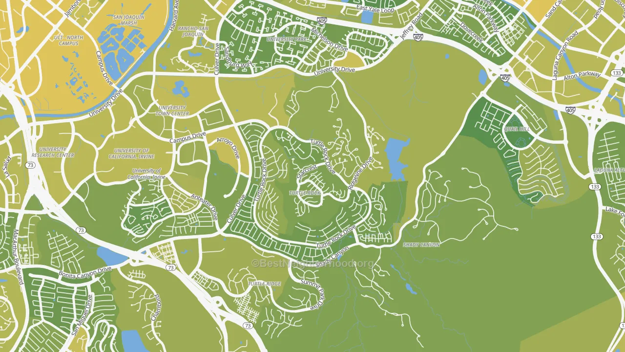 Map of the best neighborhoods in the Turtle Rock, Irvine area, with better matches in green and worse matches in red