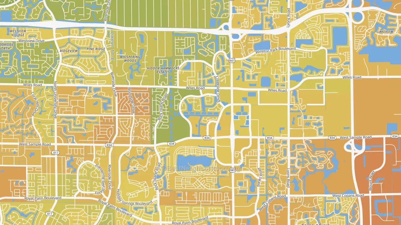 Map of the best neighborhoods in the Turtle Run, Coral Springs area, with better matches in green and worse matches in red